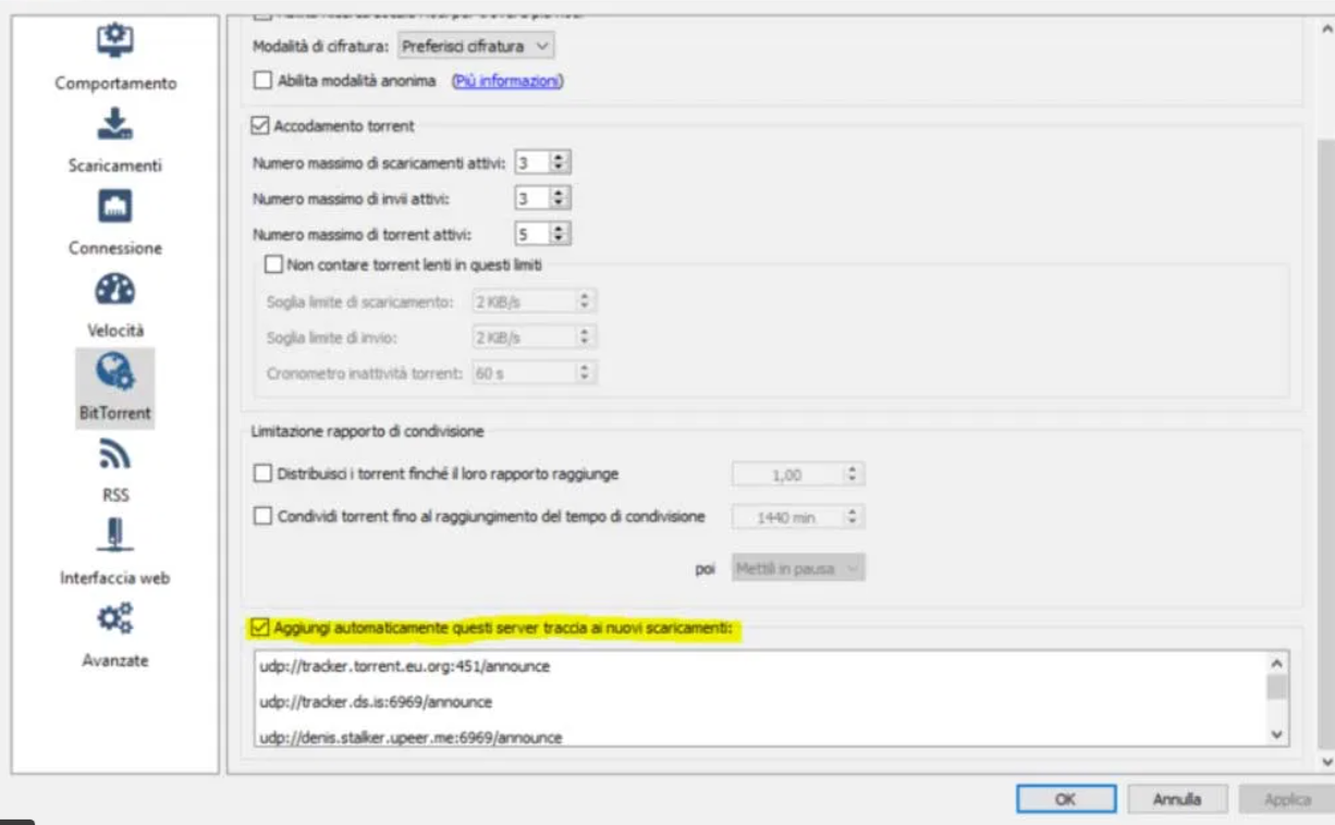 Aggiunta di tracker Torrent